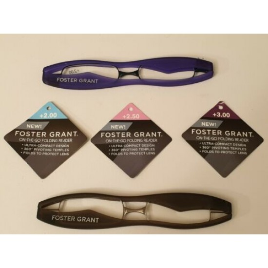 Foster Grant Compact "On The Go" Folding Ultra Slim Reading Glasses. Purple